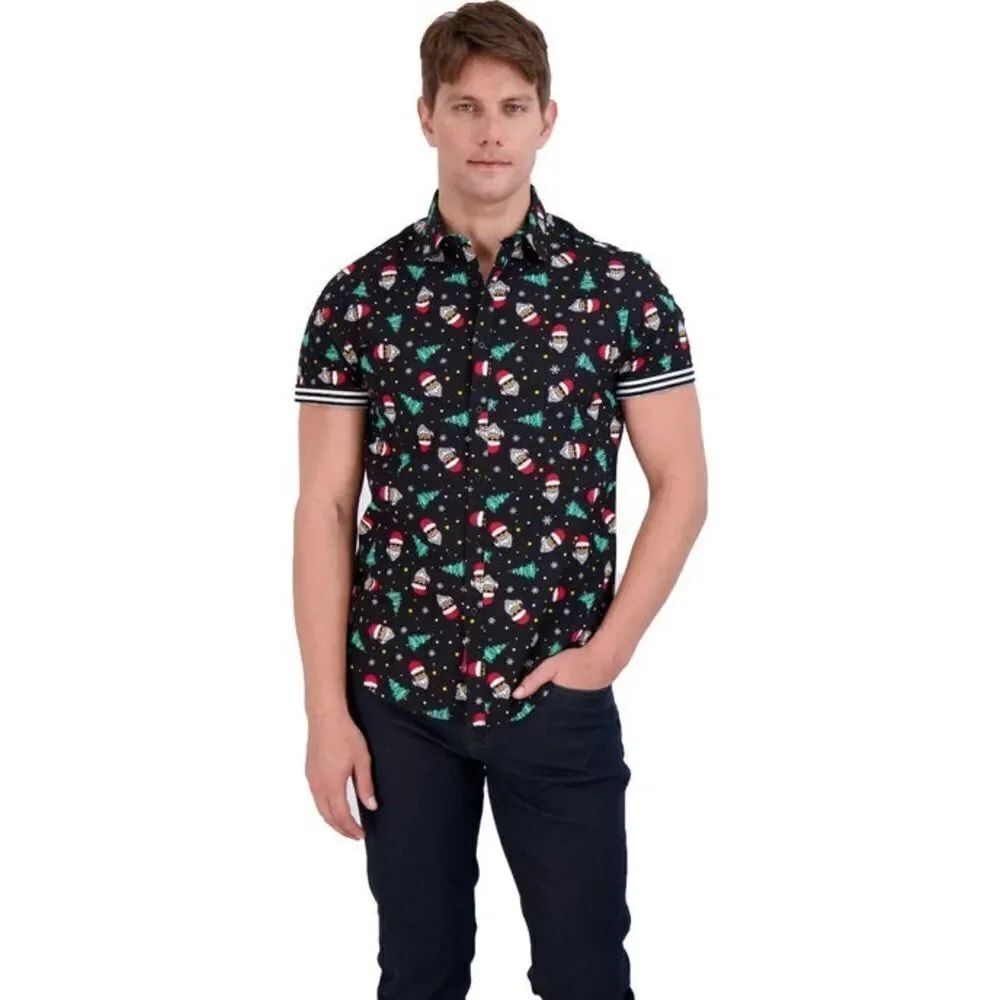 ✨HP✨DENIM & FLOWER
HOLIDAY PRINT SHORT SLEEVE BUTTON DOWN SHIRT✨